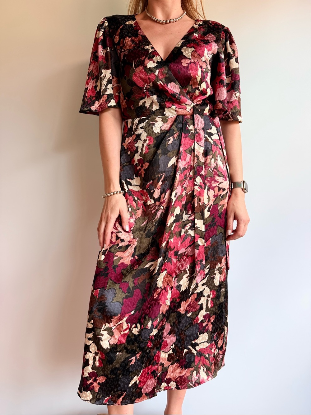 Anne Klein Floral Faux Wrap Midi Dress Flutter Sleeve Tie Waist Career Cocktail